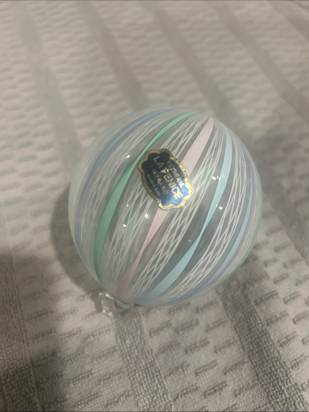 Murano Vetreria LA FENICE Pastel Striped Glass Orb in Blue, Mint & Pink
